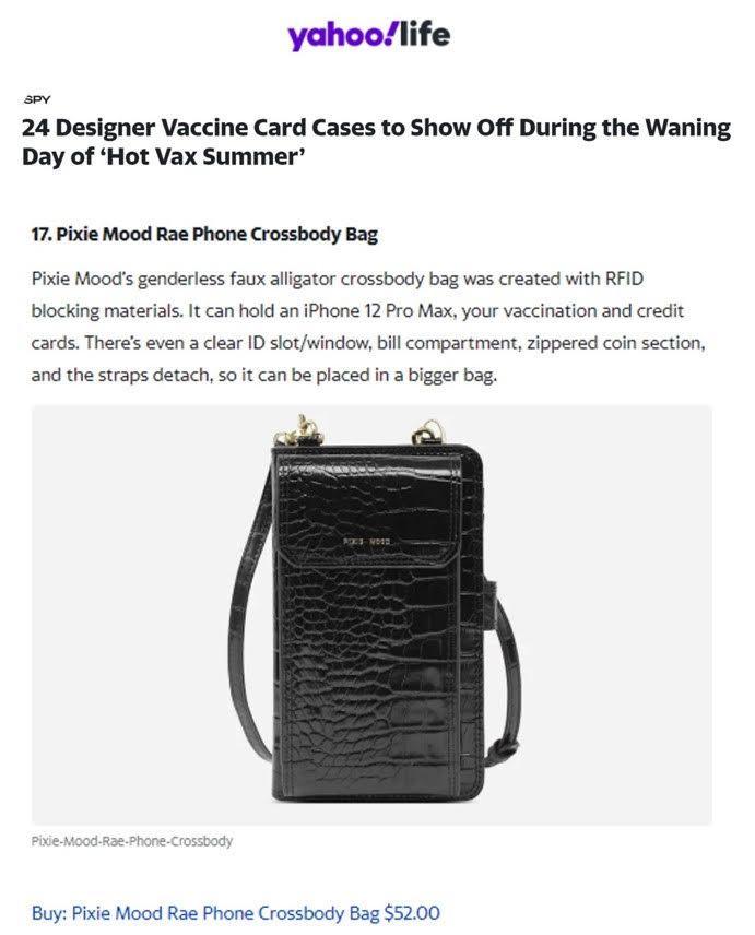 Yahoo: 24 Designer Vaccine Card Cases to Show Off During the Waning Day of ‘Hot Vax Summer’ - Pixie Mood Vegan Leather Bags